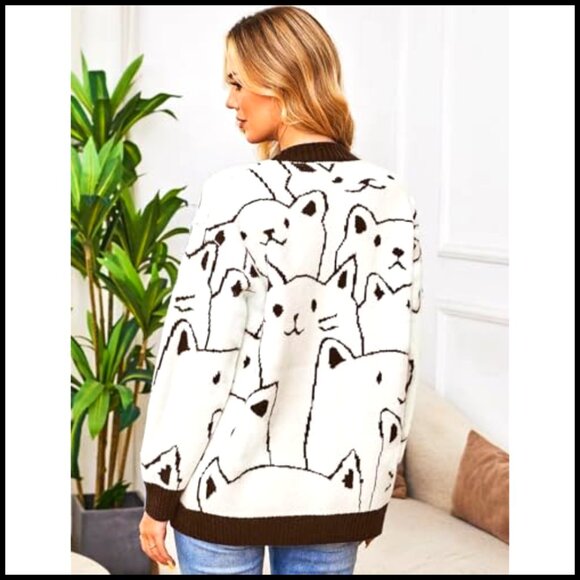 Oversized Chunky Knit Cardigan with Cat Print, V-Neck, Button Front - Picture 3 of 7
